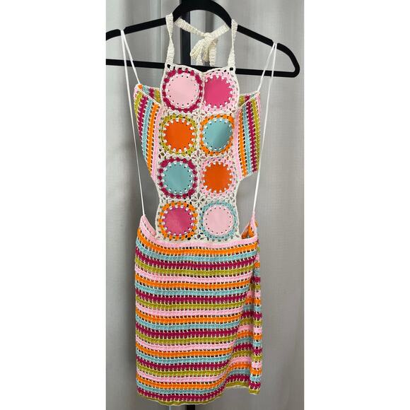 My Beachy Side Petit Fours Hand-Crochet Mini Dress Faux Leather Motif Sz Med NWT - Picture 2 of 10